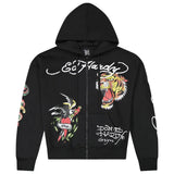 Ed Hardy Men's Black Tiger Rhinestone Full Zip Boxy Hoodie ThatShoeStore